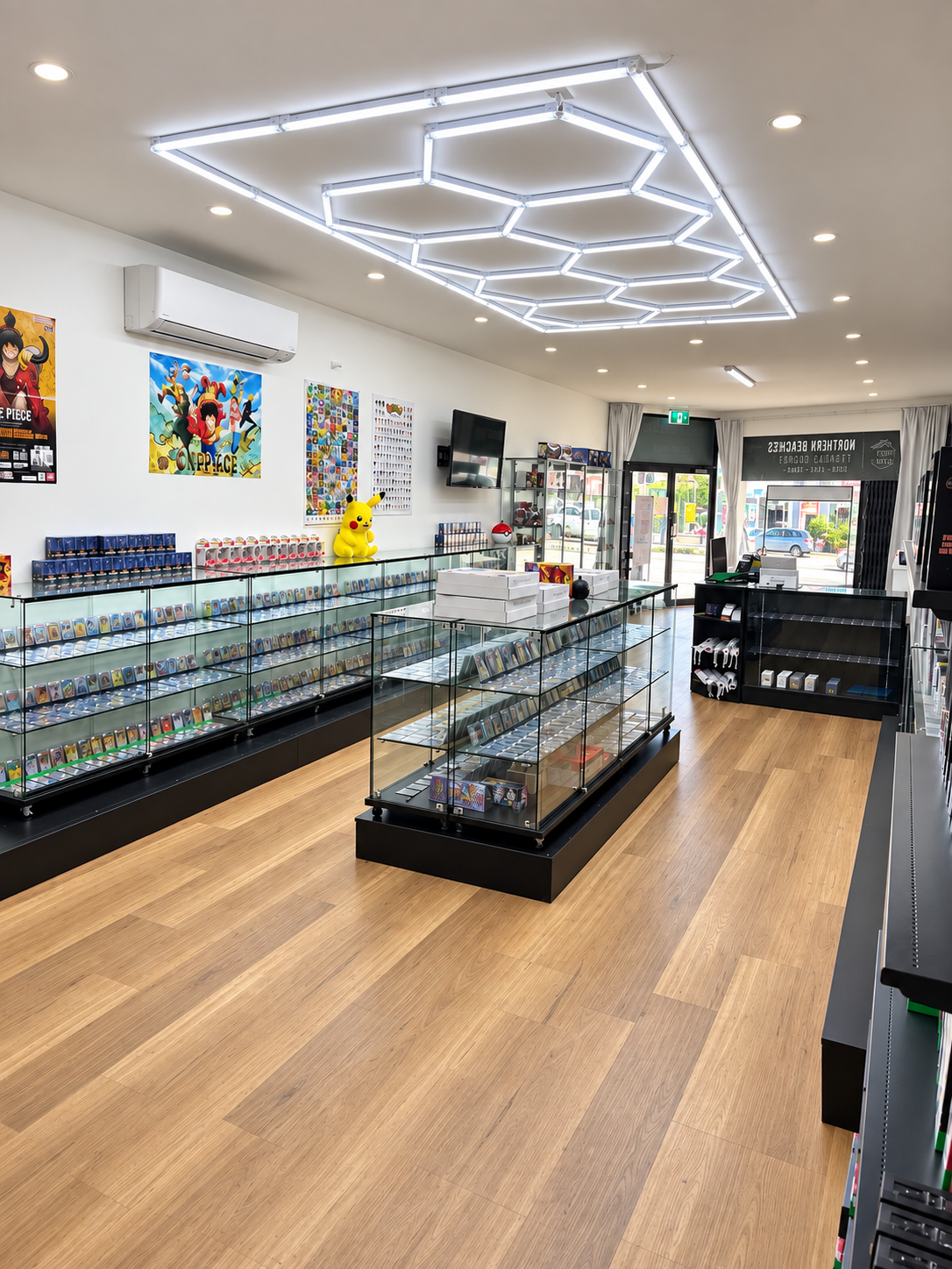 Trading card display cabinets inside the Northern Beaches Trading Cards shop.