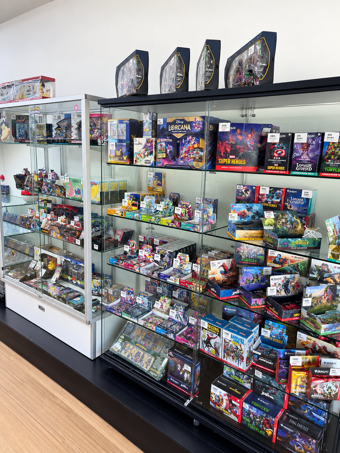 Shelves of sealed trading card boxes and packs.